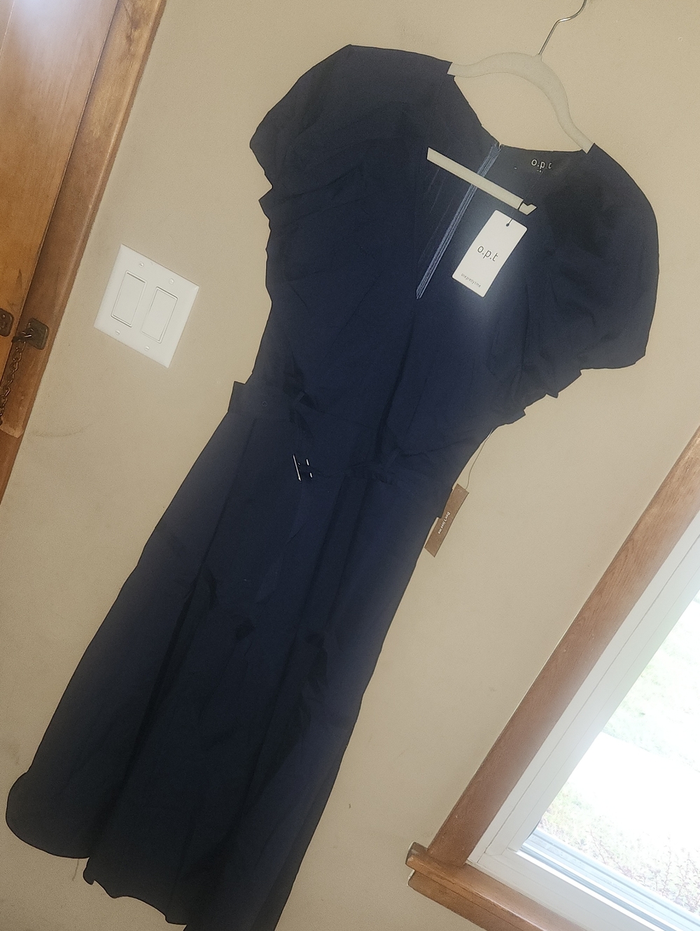 O.P.T. Navy Blue Puff Sleeve Belted Midi Dress, V-Neck Cotton, Size 4